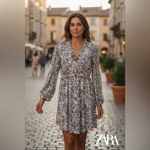 NWOT, ZARA, Dress With Print And Ruffles, Small, White, Blue, Tan